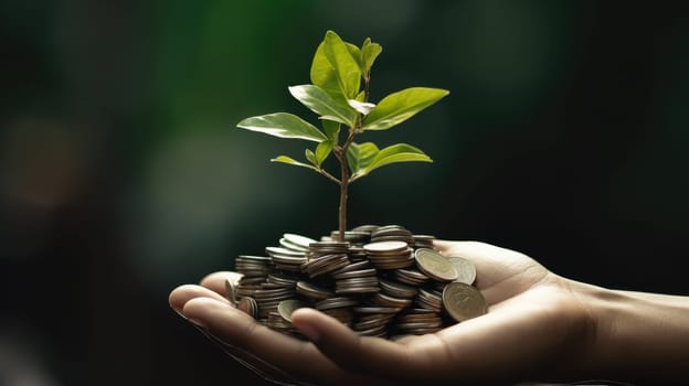 Hand Cradles Sapling Above Silver Coins. Innovative Green Business Ideas for Finance and Investment. Conceptual Image of Carbon Credits and Eco-Friendly Taxation. Planting the Seeds of Financial.