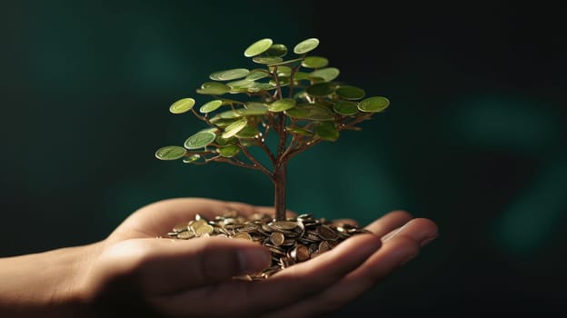 Hand Cradles Sapling on Silver Coins. Green Business Ideas for Finance and Investment. Conceptual Image Illustrating Carbon Credits and Eco-Friendly Taxation. Sustainable Financial Strategies