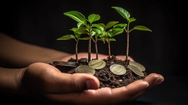 Sapling Emerging from Hand Grasping Silver Coins. Illustrating Green Business Concepts for Finance and Investment. Symbolic Image of Carbon Credits and Eco-Friendly Taxation Strategies for a Greener