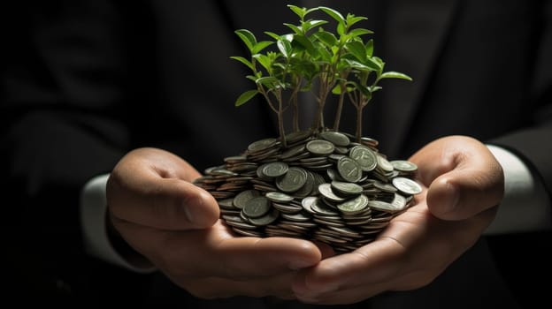 Sapling Sprouting from Hand with Silver Coins. Innovative Green Business Ideas for Finance and Investment. Conceptual Image Signifying Carbon Credits and Eco-Friendly Taxation