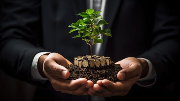 Sapling Thrives on a Hand Grasping Silver Coins. Capturing Green Business Concepts for Finance and Investment. Symbolic Representation of Carbon Credits and Eco-Friendly Taxation Strategies