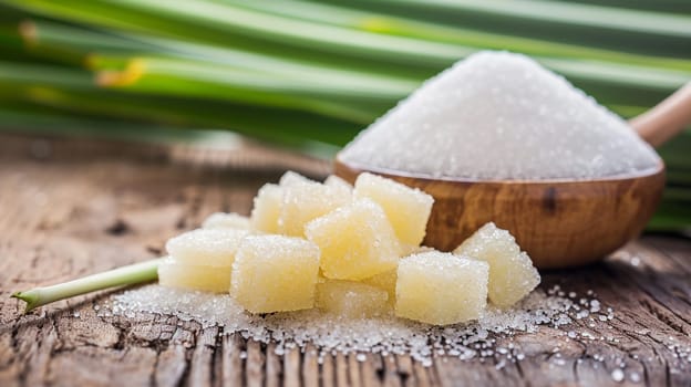 White sugar with fresh sugar cane on wooden table. selective focus. Food Generative AI,