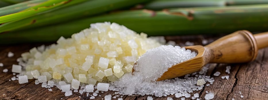 White sugar with fresh sugar cane on wooden table. selective focus. Food Generative AI,