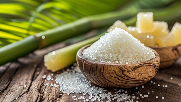 White sugar with fresh sugar cane on wooden table. selective focus. Food Generative AI,