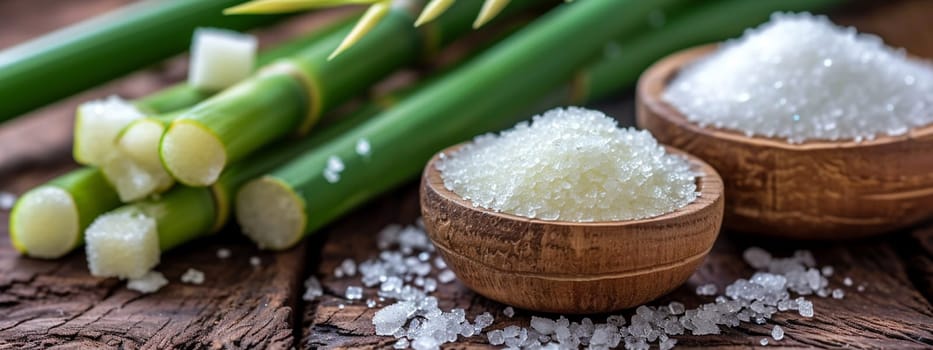 White sugar with fresh sugar cane on wooden table. selective focus. Food Generative AI,