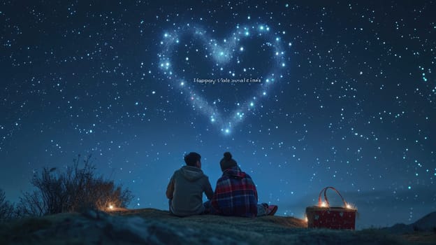 two lovers romantic night couple looking at stars in the sky sitting on green grass field , ultra wide, pragma