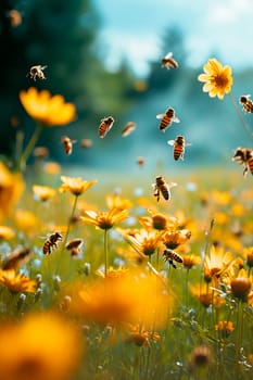 Bees in the meadow and apiary. Selective focus. Nature.