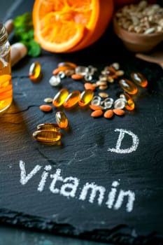 Vitamin D capsules on the table. Selective focus. Food.