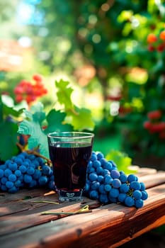 Grape juice on a table in the garden. Selective focus. nature.