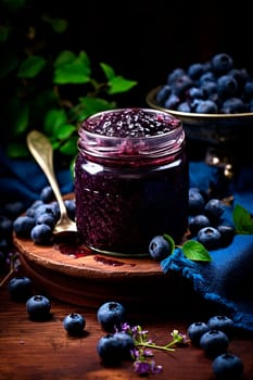 Blueberry jam in a jar. Selective focus. Food.