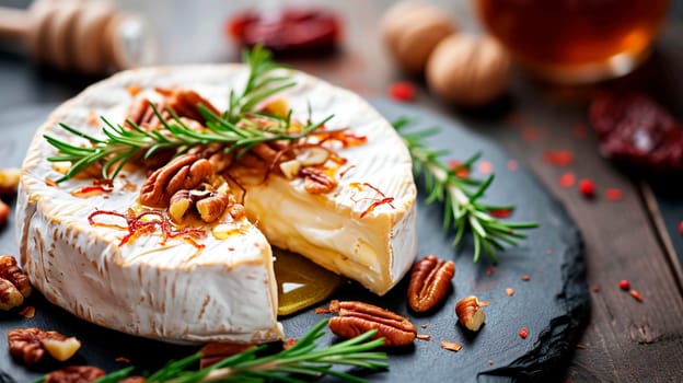 Camembert with honey and nuts. Selective focus. Food.