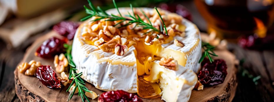 Camembert with honey and nuts. Selective focus. Food.