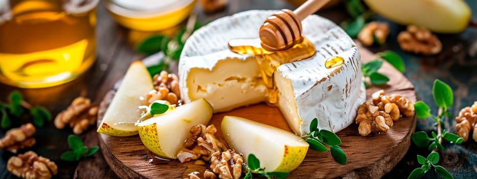 Camembert with honey and nuts. Selective focus. Food.