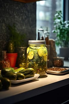 Jar with canned cucumbers, spices on a wooden board after cooking.