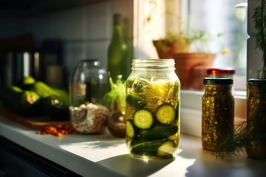 Jar with canned cucumbers, spices on a wooden board after cooking.