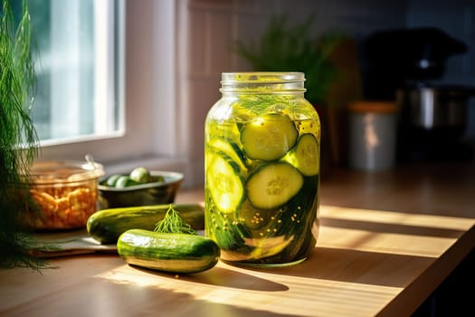 Jar with canned cucumbers, spices on a wooden board after cooking.