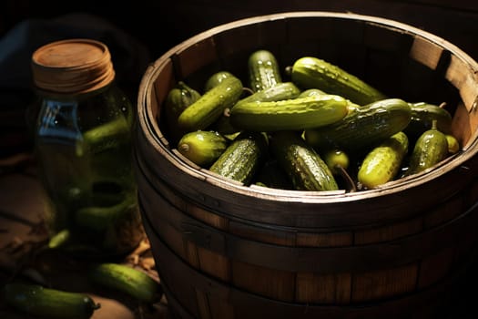 pickled cucumbers in a barrel. natural fermented foods, healthy food