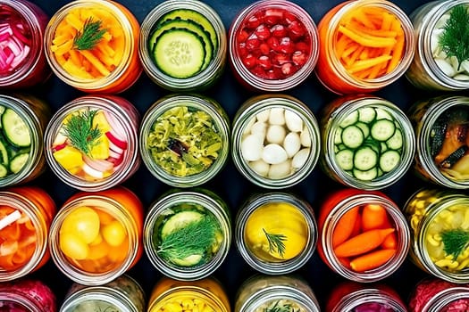 Fermented food overhead flat lay shot. Homemade vegetable preserves. Sauerkraut, pickles, kimchi etc in glass jars. Healthy probiotic diet