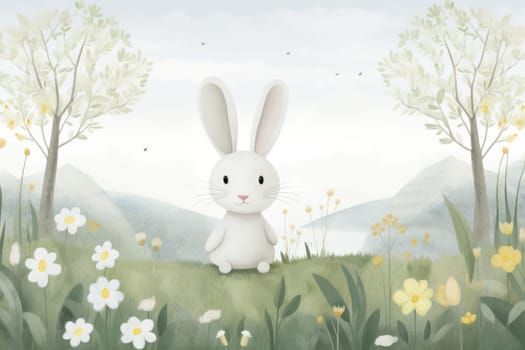 Happy Bunny Hop: Cute Rabbit Cartoon Illustration on Colorful Spring Meadow