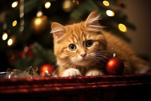 Red Christmas Cat, a Beautiful Celebration of Winter with a Cute Kitten in a Festive Decoration, New Year's Gift. Xmas Background
