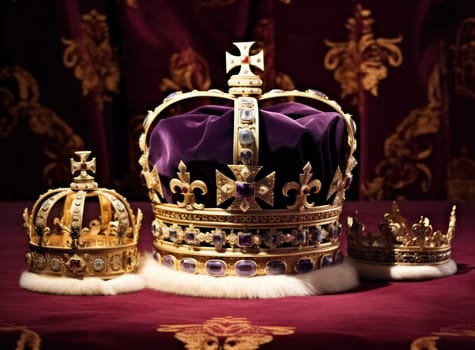Royal Majesty: A Majestic Crown, Symbol of Wealth and Authority, Resting on a Plush Velvet Background with Shimmering Gold and Red are the One and Only Focus.