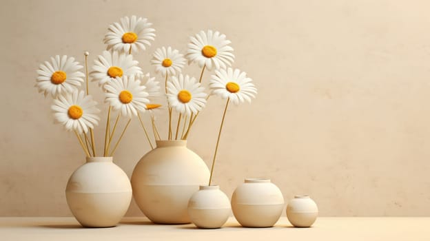 Rustic Charm: Floral Bouquet of Yellow Chamomiles in a Vintage Vase on a White Wooden Table