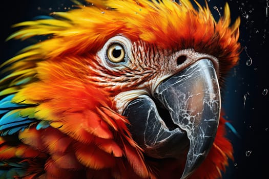 Colorful Feathers in Paradise: A Close-Up Portrait of a Vibrant Scarlet Macaw with a Beautiful Tropical Background