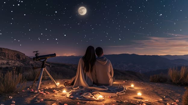 young couple looking out to romantic night sky in valentines day pragma