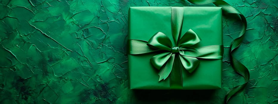 green gift box on a green background. Selective focus. happy.