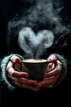 Coffee in a cup of smoke in the shape of a heart. Selective focus. Drink.