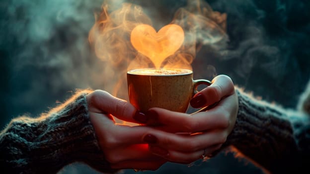 Coffee in a cup of smoke in the shape of a heart. Selective focus. Drink.