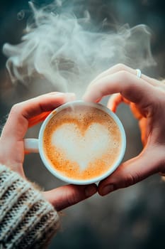 Coffee in a cup of smoke in the shape of a heart. Selective focus. Drink.