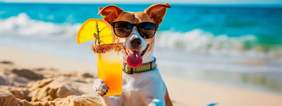 A dog drinks a cocktail on the beach wearing sunglasses. Selective focus. Drink.