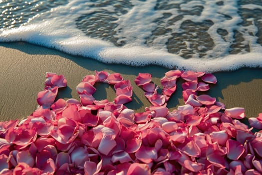 romantic beach of love rose petals on the coastline wide view pragma