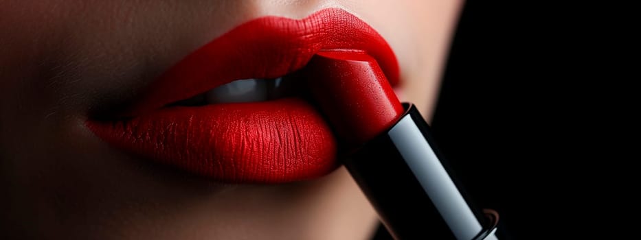 A woman paints her lips with red lipstick. Selective focus. People.