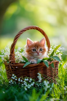 Kitten in a basket with lilies of the valley. Selective focus. animal.