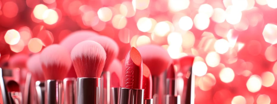 Cosmetic brushes on a beautiful bokeh background. Selective focus. Cosmetics.