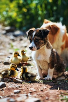 Dog with ducklings in the yard. Selective focus. animal.