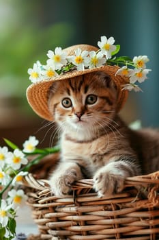 portrait of a cat in a hat in flowers. Selective focus. animal.