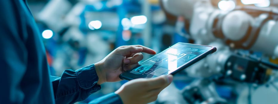 A man controls a robot from a tablet. Selective focus. People.