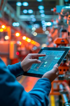 A man controls a robot from a tablet. Selective focus. People.