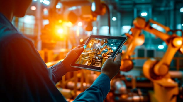 A man controls a robot from a tablet. Selective focus. People.