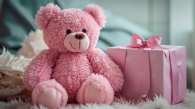 Pink bear gift for the holiday. Selective focus. Happy.