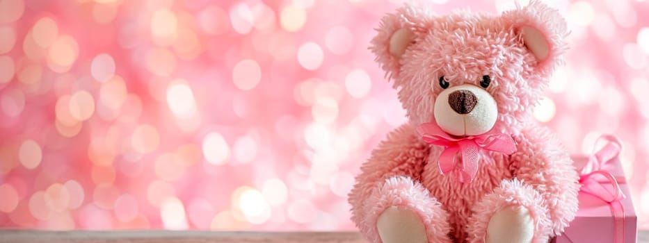 Pink bear gift for the holiday. Selective focus. Happy.