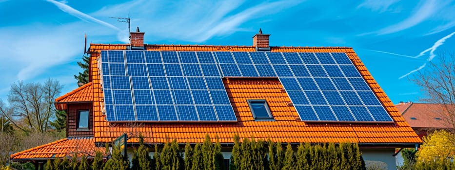 The roof of the house is covered with solar panels. Selective focus. Nature.