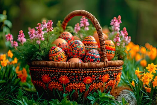 Traditionally dyed Easter eggs in a wicker basket. Small yellow and purple flowers grow next to it. Close-up of the basket full of Easter eggs. Blurred background.
