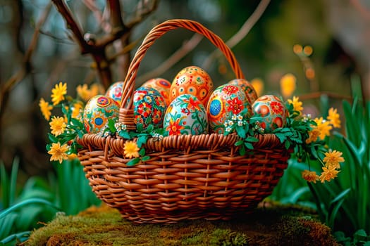 In the wicker basket are Easter eggs in folk designs. In addition to the eggs, there are spring flowers. The basket stands in the woods on the moss. The traditional search for Easter eggs in the garden.