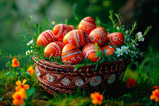 A wicker basket full of Easter eggs stands on the lawn in the garden. Small yellow flowers grow next to it. Close-up of the basket full of Easter eggs. Blurred background.