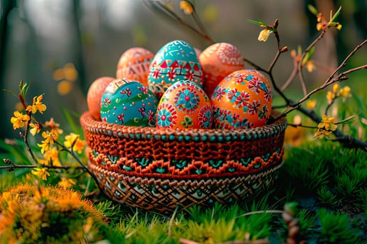A handmade crochet bowl stands on the lawn. Inside are patterned hand-painted Easter eggs. Grass and forsythia bushes grow beside it.
