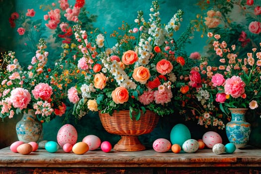 A variety of flower arrangements in vases. Colourful Easter eggs lie on the dresser. The eggs and vases stand against a wall with floral wallpaper.
